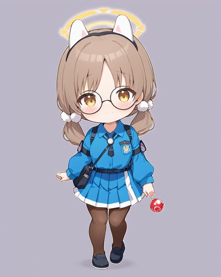 moe \(blue archive\),1girl, solo, kindergarten_uniform, round_eyewear, pleated_skirt, blue_skirt, halo, blue_shirt, glasses, holding_lollipop, long_sleeves, swirl_lollipop, low_twintails, chibi, shoulder_bag, blush, black_footwear, walking, shoes, full_body, pom_pom_hair_ornament, brown_pantyhose, collared_shirt, blush_stickers, food_in_mouth
<lora:moe_(blue_archive)_image1188_2023-11-28-000014:1>halo. gorgeous,key visual, vibrant, studio anime,award-winning, professional, highly detailed,high budget, cinemascope