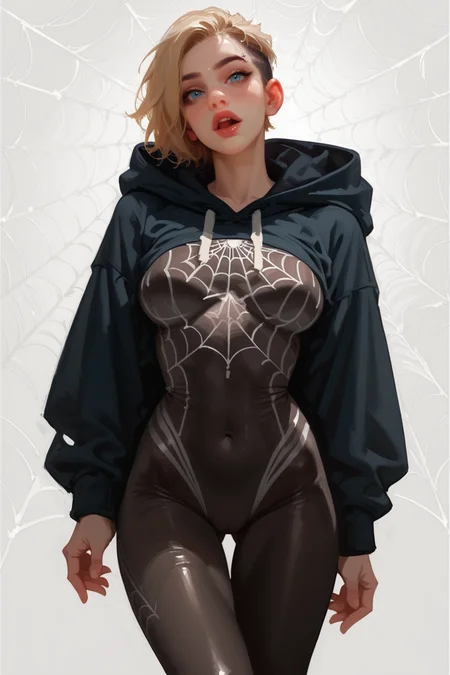 1girl, blonde hair, bodysuit, silk, solo, spider web, breasts, hooded bodysuit, hood, eyebrow piercing, spider web print, open mouth, superhero, blue eyes, asymmetrical hair, medium breasts, hood down, ballet slippers, undercut, short hair, skin tight, covered navel, blush, piercing, artist name, zPDXL3, detailxl,  Score_PnyReal, (lineless:1.5)