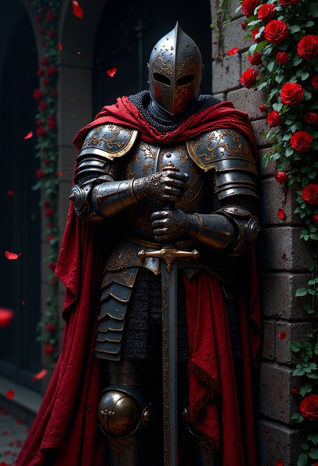 Medieval knight in full plate armor, standing in a side profile, covered with intricate ornate patterns, wearing a red tattered cloak, chainmail visible underneath, holding a sword by the hilt, dark and aged steel with gold accents, helmet with narrow eye slits, surrounded by deep red roses and green leaves, petals gently falling, dramatic shadows, dark and mysterious atmosphere, detailed texture of armor and cloak, moody and cinematic lighting, framed by a wall overgrown with roses.  <lora:FluxMythP0rtr4itStyle:0.8> MythP0rt,