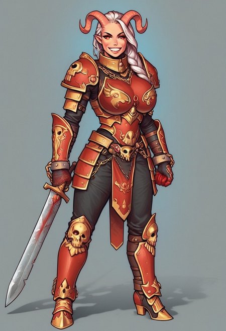 big breasts, (curvy), eyelashes, Khorne marks, marks of Chaos, evil, blood, DaughterOfKhorne, (((skull))), chain, spikes, armor, 1girl, long hair, white hair, looking at viewer, smile, teeth, red eyes, straight horns,  red theme, fire, shoulder armor, gauntlets, , pauldrons, full armor, demon, pretty face, space marine, ((dynamic pose))
<lora:bolter:0.9> 
<lora:gstr-pdxl:0.8> 
<lora:Cherry-Gig:0.55>
((((full-clothed armor)))), ((heavy chain sword in hands, two-handed flamberg in hands))
BREAK 
(((temple in background))) score_9, score_8_up, score_7_up, score_6_up, source_cartoon, rating_explicit, Expressiveh, (((((full body))))), dynamic pose