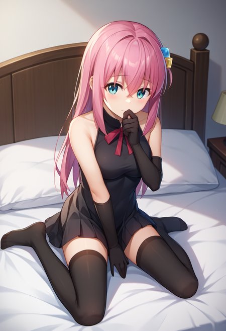 score_9, score_8_up, score_7_up, score_6_up, score_5_up, score_4_up, source_anime, BREAK
GotouHitori, 1girl, thighhighs, solo, dress, gloves, black dress, elbow gloves, black gloves, on bed, hand to own mouth, sitting, two-sided skirt, bed, looking at viewer, black thighhighs, sitting on bed, bare shoulders, sleeveless, hair between eyes, sleeveless dress, wariza, two-sided fabric, breasts, ribbon, hand between legs, no shoes, between legs, indoors, seiza
<lora:GotouHitori_PD6XL:1>