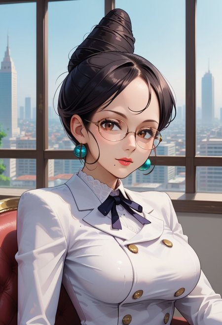 score_9, score_8_up, score_7_up, absurdres, anime screencap, anime_source, very aesthetic, illustration, perfect composition, eye catching, intricate details, vibrant colors, 1 girl, upper body, thick body, 
mature female, 40 years old, milf, msvictoria, brown eyes, glasses, ball earrings, large breasts, black hair, high bun hair, hair bun, mole under mouth, double breasted blazer, neck ribbon, pencil skirt, pantyhose, high heels, crossed legs, detailed hair, perfect skin, seductive, suggestive, sitting on a fancy chair, submissive, 
BREAK
skindentation, indoor, city background, detailed, high quality, zPDXL3