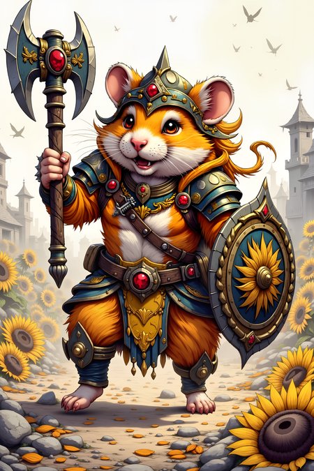babel-pencil,A hamster berserker charges into battle, his tiny form wreathed in ancestral rage-magic. His miniature war-axe glows with power far too large for its size. Battle-squeaks shake the very ground. His helmet is forged from dragon-tooth, carved to look like a roaring bear with red gems for eyes and golden whiskers. His armor bears the proud mark of the Sunflower Siege Corps - a hamster standing triumphant atop a mountain of seeds - worked in gold and steel. His shield, sized for his tiny form but impossibly strong, shows a great wheel crushing his enemies beneath it. Behind him, a vast battlefield strewn with fallen sunflower seeds stretches to the horizon.  Fantastic lighting. Detailed shadows.intricate details, vivid colors, hyper-detailed, ultra-sharp<<lora:babel-pencil>