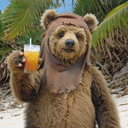ewks on the beach with a drank, hairy bear, tropical beach,
 <lora:Murderbears_In_Space_SDXL:1>