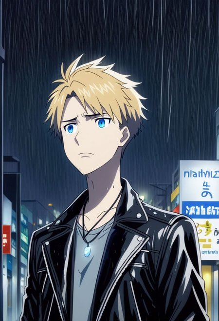 high resolution, professional photography, solo, best quality, 1Boy, Yamato Ishida, Blond Hair, Deep Blue Eyes, Necklace, heavy rain, downtown, night, looking down, sad, leather jacket, looking away, OverallDetail
