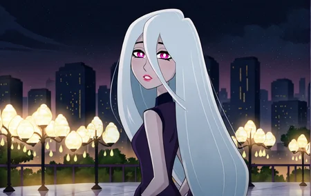 upper body,standing, back view, hands in pockets, looking out at city skyline, soft evening hues,1girl,solo,pale skin,long white hair,long hair between eyes,pink eyes,white pupils,pink lips,teeth,sweater vest, <lora:long_hair_between_eyes_illustrious_v1_b:0.8>, <lora:BH6-000018:0.8>,elegant ballroom, chandeliers, polished marble floors <lora:hotarueye_xl_tsurime1_v10:1>, <lora:hotarueye_xl_tareme4_v10:1>
