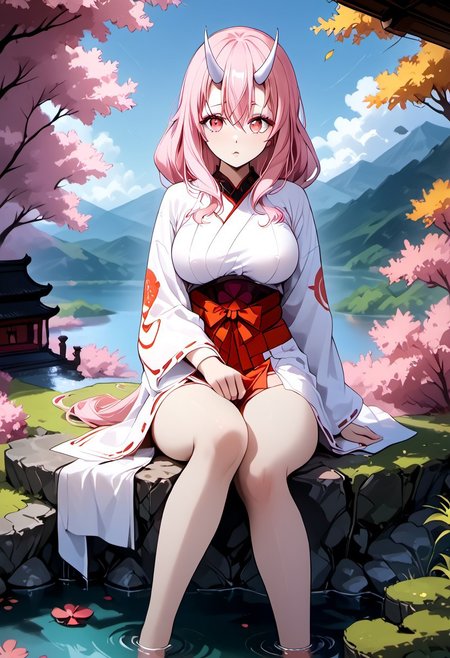 score_9, score_8_up, score_7_up, score_6_up, source_anime, source_ecchi, anime, masterpiece, Expressiveh, anime coloring, 1girl, perfect body, full body, perfect face, perfect eyes, detailed eyes, high definition eyes, beautiful eyes, perfect lipps, sexy, sexy girl, petite body, slim body, looking at viewer, posing, dynamic angle, cowboy shot, lust full of gaze, Shiny skin, covered nippels,
,pink hair, low-tied long hair, long hair, bangs, shiny hair, hair between eyes, white oni horns, pink eyes, parted lips, large breasts, 
miko, red hakama
outdoor, trees, temple, river, sitting by the river ,sitting, feet in the river, feet in the water,
<lora:Shuna - Pony-000004:0.7>,<lora:Expressive_H-000001:0.8>, expressiveH, <lora:MythP0rtr4itStyle:1>, mythp0rt, <lora:Pony_DetailV1.0:-1.0>