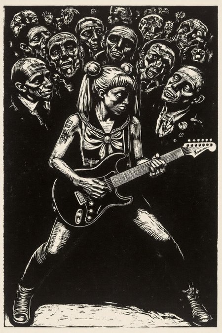 kako1 black and white woodcut print.punk sailor moon playing a guitar at a heavy metal mosh pit, tattoos, piercing.  <lora:kako3_woodcut_cap_d6a3e11:1.0><lora:817642777077751890:0>