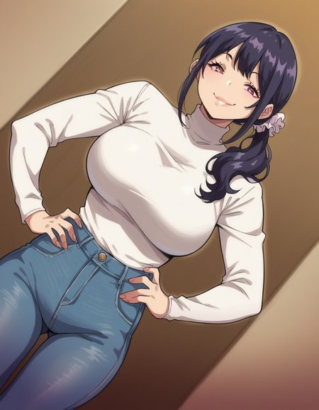 score_9, score_8_up, score_7_up, source_anime, <lora:hitomi-rinmuro-ova-ponyxl-lora-nochekaiser:1>, hitomi rinmuro, long hair, large breasts, black hair, hair ornament, purple eyes, ponytail, scrunchie, hair over shoulder, lips,, sweater, turtleneck, long sleeves, pants, denim, white sweater,, indoors, smug, smile, looking at viewer, solo, hands on hips,, cowboy shot, dutch angle