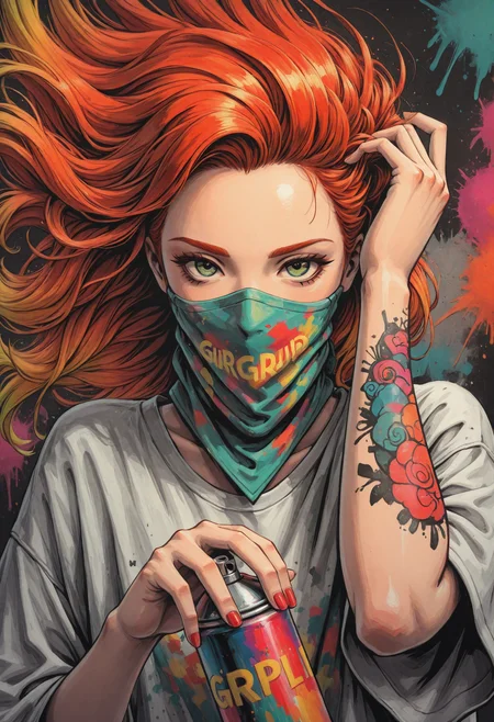 lazypos,
traditional media, 
linear hatching, anime coloring, spray paint, flat color, graffiti portrait, (kuroi susumu:1.4), 
close up, dutch angle,
a graffiti portrait, 1girl, beautiful, sexy, seductive, (red hair, orange hair, yellow hair, gradient hair), bright green eyes, oversized clothes,  baggy clothes, short sleeves, wide sleeves, streetwear, arm tattoo, 
dynamic pose, one hand in hair, floating hair, second hand holding spray can, bandana over mouth, 
science fiction theme, pop art style, abstract, intricate, colorful, vibrant palette, green and red prevail, street art, artwork,
jeddtl02,hs ink,icjournals,graffistyle,gs_ill,
<lora:DetailerILv2:0.4>  <lora:HScoloredinkIlls:0.25>  <lora:GraffiStyle:0.7>