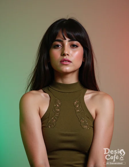 full body photo of n41n4 woman, hyper realistic photo that is safe for work, shouting, studio quality image with natural colors, well dressed wearing intricate sleeveless Olive turtleneck sweater, hair styled as  bangs,muted pastel shaded multicolored background that contrasts with the person, cinematic lighting,âââââ   <lora:n41na_Naina_Ganguly_Flux_Kohya_V1:0.9>âââ