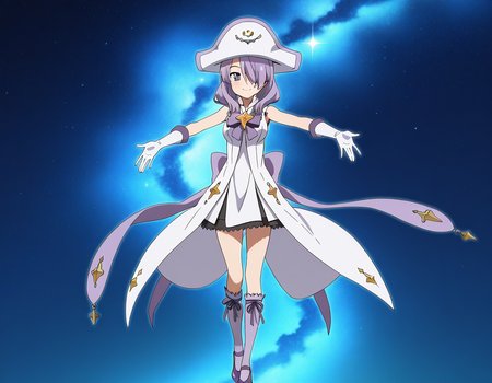 general,highres, ultra-detailed,very aesthetic,best quality ,best hands,  BREAK <lora:Nanako_Houkago_no_Pleiades_IS:1>Nanako(Pleiades), 1girl, purple hair, hair over one eye, purple eyes, long hair, breasts, anime coloring, Nanako(Pleiades), hat, witch   solo, gloves, white hat, smile, pause, dress,  grey eyes, bow, purple footwear, white dress, purple ribbon, napoleon hat,
looking at viewer, white gloves, kneehighs, socks, high heels, star (symbol), standing, purple bow, sleeveless, medium hair, magical girl,
galaxy, sky, BREAK.
cute monster, blue theme, looking at viewer, black eyes, smile, aqua theme, outline, standing, animal focus