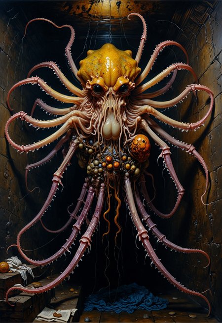 Rembrandt realistic oil painting, retro artstyle, score_9, score_8_up, score_9_up, very detailed, ultra realistic, (best quality) very detailed masterpiece, full body portrait of a squid-like spider-like horror monster in a dungeon, iridescent skin, muscular body, glowing eyes, rembrandt style, vermeer style, low saturation,  photo realistic oil painting,