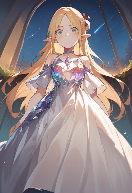 score_9, score_8_up, score_7_up, score_6_up, source anime,
ellicrampnxl, marcille donato, 1girl, pointy ears, long hair, elf, choker,
[white:crystalline:0.4] dress, bare shoulders, looking at viewer, from below ,
volumetric lighting, low key, high contrast, dark room, furniture, indoors, vivid color, window, night, shooting star,
masterpeice, best quality, very aesthetic, absurdres
<lora:dungeon_meshi_marcille:0.8>
 <lora:crystalline_dress-PD-1.0:1>