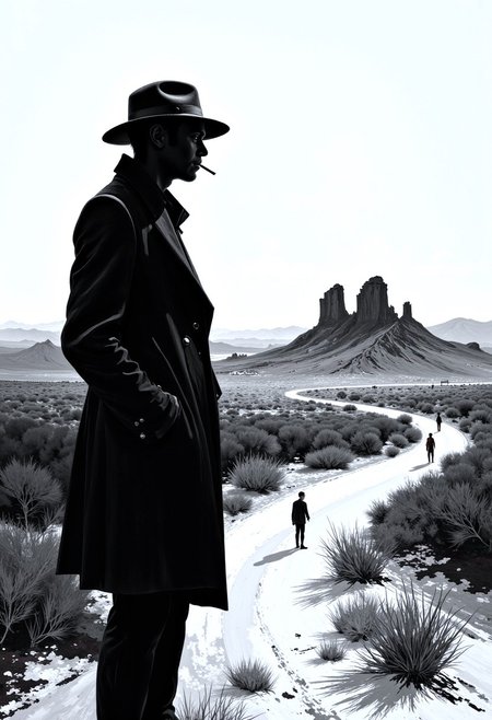 « A fragile black figure, An Eames era stretched Surrealism painting of a black and white scene with many shadowy shapes in a contrasting tone, a skinny elongated film noir detective, director David Lynch, smoking a cigarette, in the Nevada desert looking away at a lost highway, twin peaks in the distance, half-film noir, half-specter. »