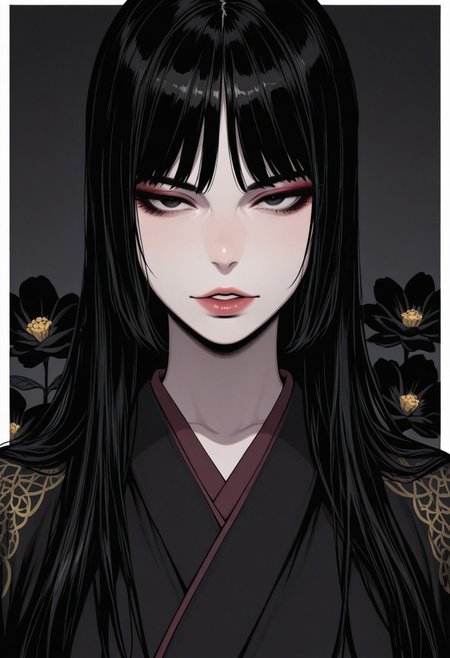 black background,simple background,Volumetric Lighting,looking at the viewer,glowing,1girl,mature female,milf,black hair,bubble,black eyes,solo,makeup,hime haircut,long hair,paleskin,colored skin,white skin,japanese clothes,kimono,eyeshadow,black hair,flower,black kimono,streaked hair,upper body,parted lips,grey background,black flower,black eyeliner,white border, masterpiece,best quality,amazing quality,high quality, newest, highres,8K,HDR,absurdres,vibrant colors,Volumetric lighting,cinematic,
<lora:iLLMythM4gicalL1nes:0.4>,m4gicall1nes,<lora:Sinozick_style:0.4>,sinozick_illu,zPDXL2,