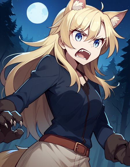 score_9, score_8_up, score_7_up, source_anime, <lora:kou-yagami-s2-ponyxl-lora-nochekaiser:1>, kou yagami, long hair, blue eyes, blonde hair, medium breasts,, <lora:werewolf-ponyxl-lora-nochekaiser:1>, werewolf, furry, fangs, animal ears, gloves, angry, teeth, animal ear fluff,, forest, night, moon, open mouth, , dutch angle, cowboy shot