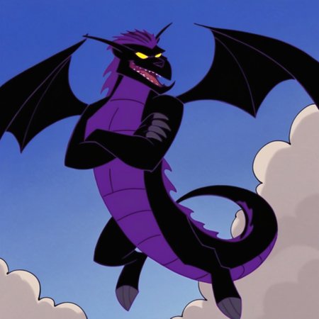 score_9, score_8_up, score_7_up, Expressiveh, masterpiece, best quality, highly detailed, realistic, (zPDXL3), 1boy, solo, (DDS1, furry, anthro, scalie, male dragon, black body, purple body, two tone body, purple hair, dragon wings, yellow sclera, no pupils, grey claws, pointy jaw, horns) ((crossed arms)), featureless crotch, flying, smile, open mouth, tongue, looking at viewer, sky, clouds, afternoon, simple background, uncensored