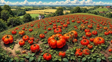a tomato orchad beautiful  landscape, day, woman, very intricate, very detailed, sharp, bright, colorful, <lora:Hand v2:0.5> <lora:Anti-Blur:1><lora:Insane Detail Slider:0.25>  <lora:flux.1_lora_flyway_Epic-detail_v2:0.3> <lora:fluxenhancer:0.25> <lora:fluxenhancer:0.25> <lora:Adventure_Comic_Book:0.8>