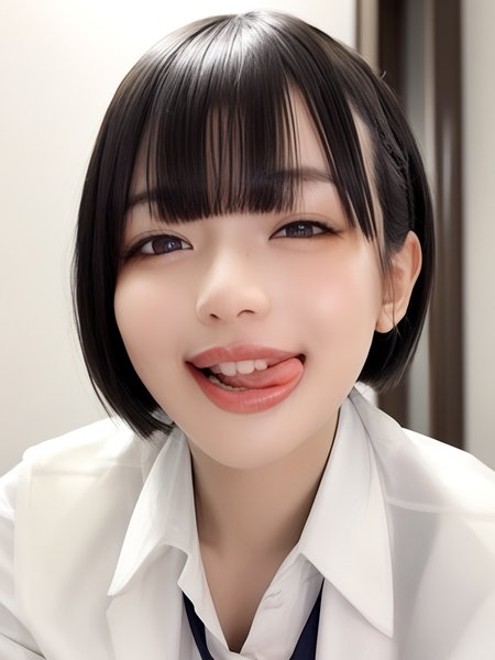 score_9, score_8_up, score_7_up, Hight detail RAW color photo, professional photograph,
(Composition from the waist up:1.3),
Beautiful Japanese Girl, Bobcut with bangs, Puffy face, Wink, close one eye, 
White collared blouse, Illuminated hotel room, sticking out side tongue, Licking lips, peromilk,<lora:peromilk:1>