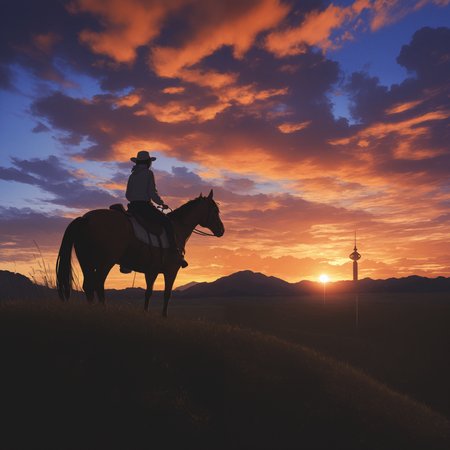 solo, outdoors, sky, cloud, cloudy sky, grass, scenery, sunset, sun, riding, field, horse       
IllusP0s
