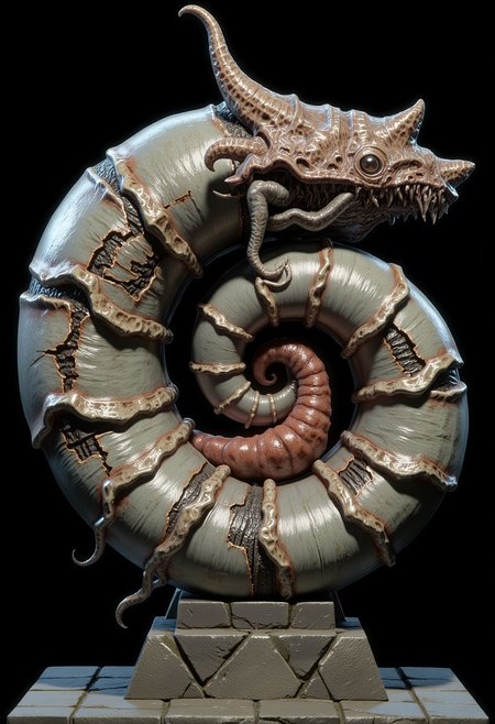 a primordial cephalopod specimen, its form both ancient and alien. The creature's most dominant feature is its magnificent spiral shell exhibiting perfect precision - a massive, petrified nautiloid coil with ridged, segmented chambers that transition from weathered charcoal-gray near its center to a polished silver-white along its outermost whorls. The shell's surface displays subtle variations in texture - limestone-like calcifications, microscopic pitting, and areas of amber-bronze patina suggesting millennia of fossilization. Emerging dramatically from the shell's opening is the creature's fleshy, rust-colored body, vibrant and alive in stark contrast to its mineralized housing. 
Standing on a flat ground the camera angle is high rotated
Set against a solid dark black color background to emphasize its unnatural form that emphasizes its silhouette. The medium is not a traditional painting or illustrative medium like watercolor or ink but rather a digital 3D rendering.
MikeFranchinastyle, bbstyle,, horror theme,, ZBClay model of a gray sculpture, zbrush, d4arks0uls, overcast lighting, jedioutfit