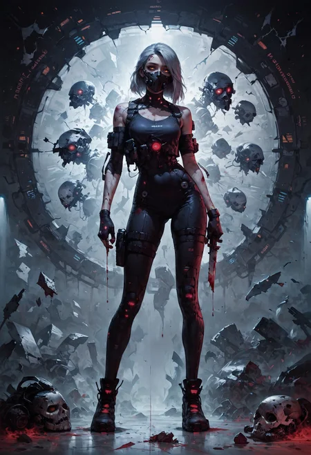 score_9, score_8_up, score_7_up,  1girl, full body, techno suit, technology, uncommon appearance, (crashed spaceship, broken spaceship on the background), gray hair, half face covered, (robotic half face, half face cyborg, cyborg), injuries, blood, (face mask, broken mask, crushed mask, broken glass), holding bloody knife, (final boss:1.2)  <lora:pony/twilight_style:0.8> concept art, realistic <lora:pony/expressiveh:0.4> expressiveh <lora:sdxl/princess_xl_v2:0.8> <lora:pony/vixon_gothic_neon_style:0.32> g0thicPXL, glowing, neon