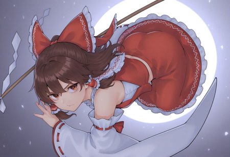 best quality, high quality, hires, 
1girl, solo, hakurei reimu, dynamic pose, looking at viewer,