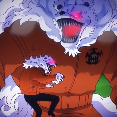 2boys, parody, sharp teeth, polar bear, glowing, day, multiple boys, male focus, orange jacket