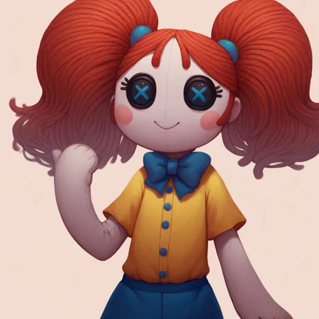 Score_9, score_8_up, score_7_up, Rubilocks, red hair, twintails, button eyes, blue eyes, doll