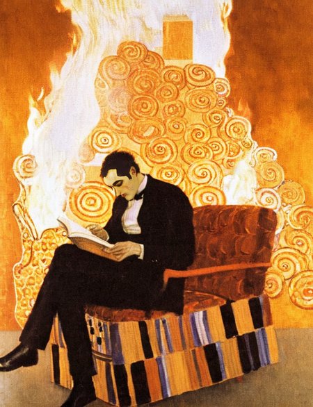 a man is on fire, sitting in a chair reading a book, <lora:Gustav_Klimt_XL_kk:1> klimt