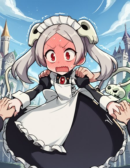 score_9, score_8_up, score_7_up, source_anime, <lora:skullgirls-marie-ingame-ponyxl-lora-nochekaiser:1>, marie, hair ornament, red eyes, twintails, skull, skull hair ornament, grey hair, forehead,, apron, maid, maid headdress, long sleeves, wrist cuffs,, floating castle, sky, magical, clouds, fantasy, , <lora:full-face-blush-ponyxl-lora-nochekaiser:1>, full-face blush, embarrassed, blush, sweat, ear blush, blush, wavy mouth, trembling, open mouth, <lora:hands-on-anothers-shoulders-ponyxl-lora-nochekaiser:1>, hands on another's shoulders, pov, pov hands, cowboy shot,, looking at viewer, solo,, dutch angle, cowboy shot