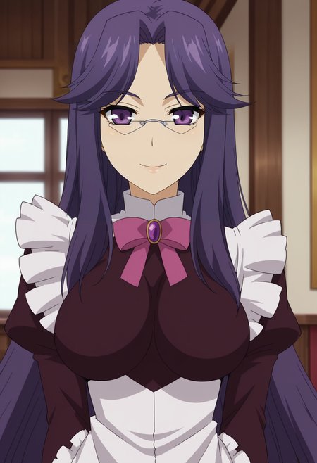 <lora:Frieda_Shelley-Dragonar_Academy:0.8>,1girl,solo,Frieda Shelley,purple hair,long hair,glasses,purple eyes,large breasts,bow,maid,apron,looking at viewer, upper body, smile,indoors