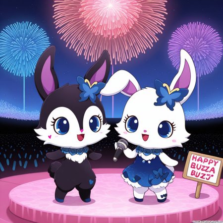 best quality, masterpiece, Full Body, Romantic, Small, Body, Furry, BREAK, rubyjp, no humans, 1girl,  rabbit, chibi, furry, hair ornament, necklace, jewelry, chest fur, white fur, BREAK, 1girl,  luea, feral, solo, blue eyes, rabbit, furry, rabbit ears, black fur, purple inner ear, white chest fur, white face, chibi, body fur, (blue butterfly hair ornament), (blue rose necklace), on stage, fireworks, singing, microphone, Fancy sparkling blue dress, buzz music, sign, sign written buzz music, the sign said buzz music, text say buzz music, duo, duo girls, pose, posing