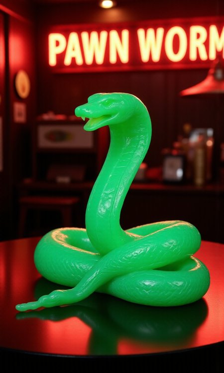jade_snake, shebaaobao, neouv, cartoon snake made out of glowing illuminated iridescent jade ready to bite somebody on the counter of a pawn shop in New York City  <lora:jadesnakeflux-000001.safetensors:1.0> <lora:shebaobao_flux_snake_Cartoon_v2.safetensors:0.3> <lora:neouv_flux_03.safetensors:1.0>