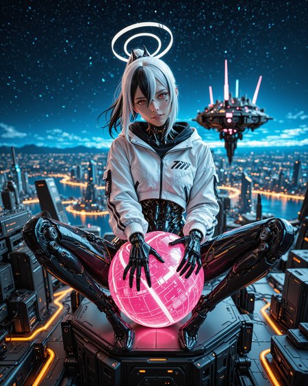 masterpiece, best quality, good quality, very aesthetic, absurdres, newest, 8K, film grain, photorealistic, neon glow, (floating island, starry sky:0.9), angular, sleek, scenery, futuristic, science fiction, cyberpunk, aidmaFLuxPro1.1, aidmaImageUpgrader BREAK young 1girl, [(kayoko_\(blue_archive\):0.99):(kayoko_\(blue_archive\):0.6):0.5], cyborg, robot girl, mechanical body, open cropped jacket, white jacket, parted lips, (light smile:0.7), white halo, head tilt, (sitting:0.4), (holding ball:0.7), (dynamic pose:1.0), barcode tattoo, streaked hair, white hair, black ponytail, (horns:0.9), hair between eyes, red eyes, white pupils, glamour <lora:aidmaFLuxPro1.1-IL-v0.3:0.3> <lora:- iLL - the_edgy_mech_V3.0:0.4> <lora:aidmaImageUpgrader-v0.3-IL:0.3> <lora:aidmaMJ6.1_v0.5_IL:0.15> <lora:Mechanism-Illustious:0.4> <lora:RealisticIL-000001:0.1>