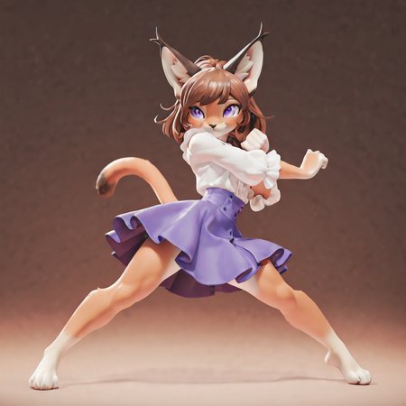 1girl, furry, anthro, feline, solo, cat girl, caracal cat, cat nose, brown hair, bob cut, hair flaps, wavy hair, purple eyes, megafluffy, petite, anthro, female, full body, fluffy3D <lora:spo_sdxl_10ep_4k-data_lora_webui:0.9> <lora:illustrious_quality_modifiers_masterpieces_v1:0.9> masterpiece, best quality, very aesthetic   
 <lora:fluffy3D:1> spread legs, posing, pose, attack, skirt, blouse