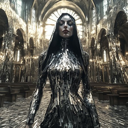 franglamex  professional photo, sexy nun in the cathedral made of metal, high details and very detailed, cinematic, professional light<lora:franglamex:1>