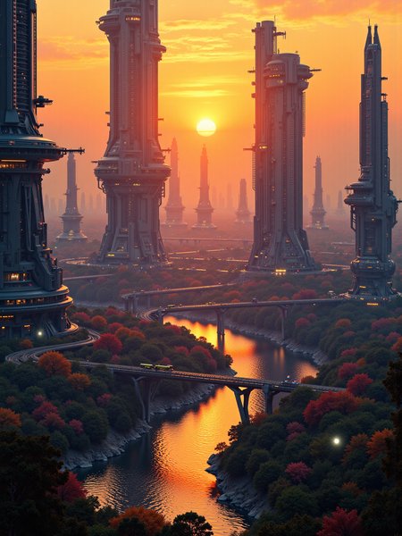 anm-frac of a high detail photo of a huge futuristic high-tech city on a foreign planet. in the center there is a gigantic cylinder, a structure that streches far into the sky and has glowing lights on various levels. Also big gardens are edged into building. Public transport lines with trains on rails connect the city from every direction and cross the small lake all around the city. There are bright bluish forests and the water of the lake is hughly reflective. sunset, saturated colors fractal patterns, monochrome patterns, Fiery Oranges and Reds: Scarlet, orange, and gold for a bold, fiery appearance, ultra detailed cinematic film still, aesthetic realistic masterpiece  
 <lora:anm-frac-v1-000022:1>