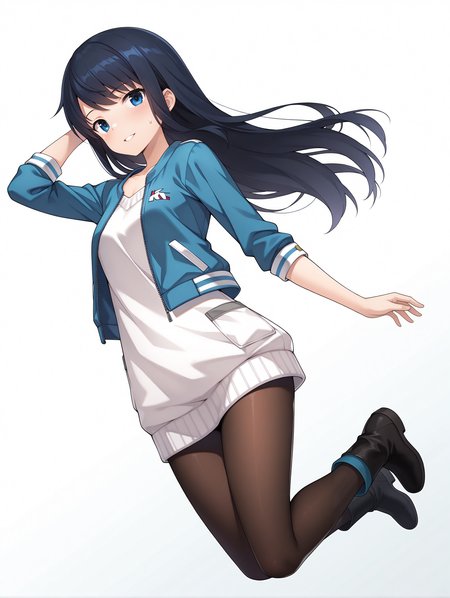 masterpiece,best quality,newest,
1girl,solo,
<lora:k_mutsumi_ilxl_v1.0:1>,k_mutsumi,black hair,long hair,blue eyes,
k_a_s,blue,sweater dress,black_pantyhose,boots,
<lora:Fixhands_anime_bdsqlsz_V1:1>,light_blush,cinematic_angle,looking_at_viewer,jumping,full body,parted lips,sweatdrop,white_background,simple_background,:d,dynamic_angle,