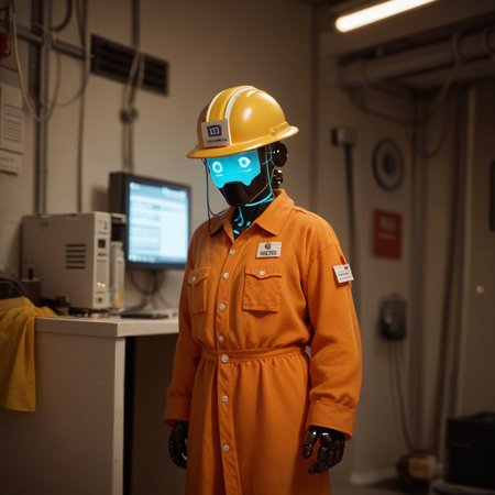 score_9, score_8_up, score_7_up, robot, wearing hard hat, inside, standing, screen face, unhappy, solo, concerned
