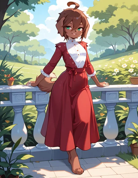 masterpiece, best quality, very aesthetic, absurdres,
outdoors, dressed,
full body, standing,posing, 
seductive smile, parted lips, long eyelashes,
<lora:Kess_v01_NAIXL:1>
Kess,1girl,solo,furry,furry female,dog girl,brown hair,short hair,hair between eyes,dog ears,green eyes,snout,animal nose,body fur,brown fur,dog tail,