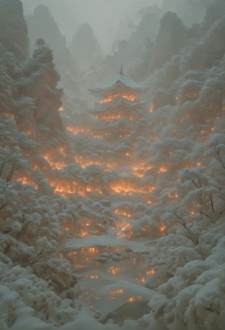 psychodelic scenic japan night landscape, novuschroma73 style, sakura garden, (((winter))), snow, frost, frozen, ice, mountains, lake, perfect composition, sunlight, golden hour, haze, low angle, masterpiece, award winning,, ultra detailed, highly detailed, 8k, uhd, Style-Japan, vivid colours, luminous, ethereal, steam from ice melting, ((hot springs, steam rising from water)),