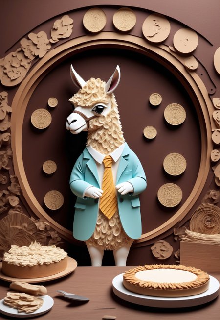 Paper quilling, layered paper. (A llama in a business suit, giving a presentation to a boardroom full of quilled sheep). (Background: an office scene with pie charts made of layered paper).

4k, high quality, masterpiece, 

