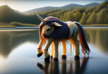 WORLD MORPH MATCHES, wet, dripping unicorn, sad, colorfull, lake, sky