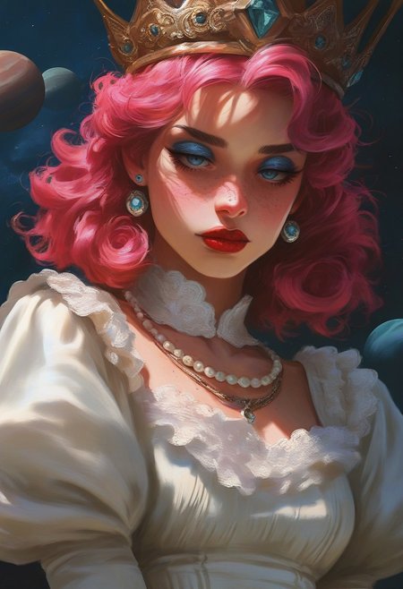 Femmes_ST, masterpiece, best quality, very aesthetic, high resolution, ultra-detailed, absurdres, newest, 1girl, solo, looking at viewer, blush, blue eyes, long sleeves, hat, dress, jewelry, closed mouth, upper body, pink hair, earrings, frills, puffy sleeves, necklace, lips, eyelashes, makeup, crown, gem, eyeshadow, freckles, curly hair, red lips, planet, pearl necklace, pearl \(gemstone\),