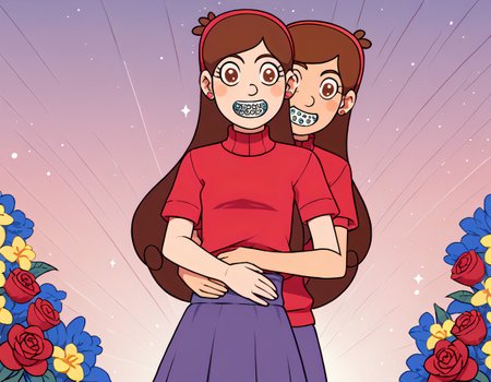 score_9_up, score_9, score_8_up, score_7_up, rating_explicit, anime, highly detailed, extremely detailed, best quality, masterpiece, 1boy, 1girl, couple, boy's arm around girl's waist, hand on waist, girl grabbing boy's arm, boy in shirt, short sleeves, flower pin, red rose pin, girl in dress, short dress, summer dress, flower crown, flower meadow, colorful flowers, soft colors, low saturation, red flowers, yellow flowers, blue flowers, purple flowers, ((pastel colors)), pastel_style, ((flowers)), [[long shot]], medium long shot, wallpaper, rating_safe, p4st3lg0r3, Mabel Pines, Brown hair, Brown eyes, Braces, Sweaters with various designs, Headbands, Skirts, Black shoes, m4bel, brown hair, long hair, hairband, turtleneck sweater, purple skirt, white socks, black footwear