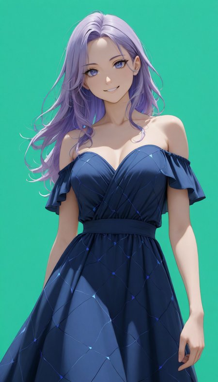masterpiece, best quality, newest, absurdres, highres, BREAK, 8K, depth of field, focused subject, dynamic angle, BREAK, 1girl, (violet hair:1.5), long hair, violet eyes, BREAK, (cornflowerblue Off-the-shoulder cocktail dress with Rhombus pattern), BREAK, standing, smiling, happy face, BREAK, (solid green background:1.5)