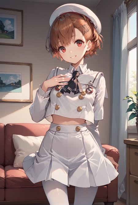 score_9, score_8_up, score_7_up,cowboy shot, hand on own chest, 
 shiomi kotone, hairclip,smile,
 ,school uniform, white serafuku, double-breasted,white pantyhose,  hat,
living room, <lora:persona3_shiomi_ponyXL:1>,<lora:JanusUniformXLPony:1>