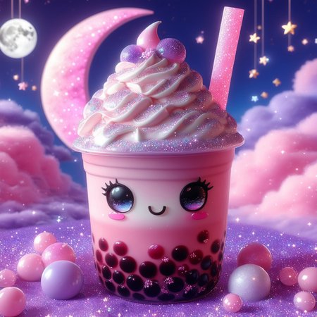 bubble tea,big kawaii anime eyes, blush stickers, cherry, :3, bubble tea, whipped cream on top, blurry, solo, moon, rainbow,glitter on top